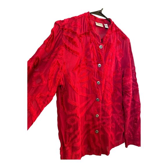 Chico's Velvet Sheer Geometric mandarin collar red blouse top button down size s - Picture 7 of 11